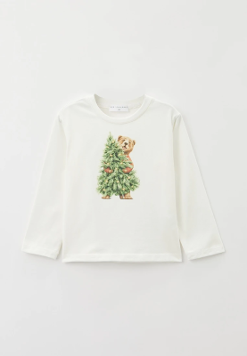 Лонгслив молочного цвета с рисунком медведь с рождественской елкой