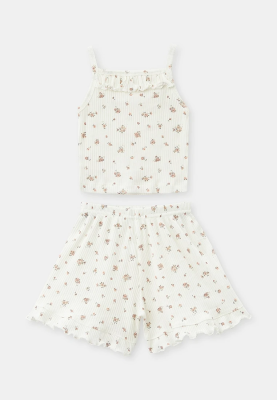 Пижама из хлопка в рубчик с майкой и шортами с рюшкой в мелкий цветочный принт 