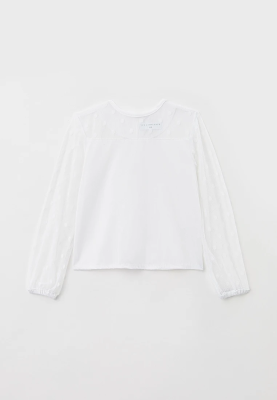 Блузка белая с рукавами из трикотажной сетки в горошек