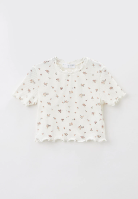 Футболка укороченная из хлопка в рубчик с мелким цветочным принтом