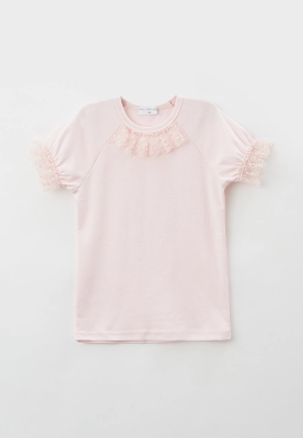 Футболка школьная из мягкого трикотажа с кружевом на горловине и рукавах 