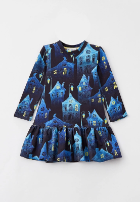 Платье из плотного трикотажа с принтом домики в ночном городе