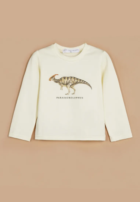 Лонгслив трикотажной ткани молочного цвета с принтом динозавр