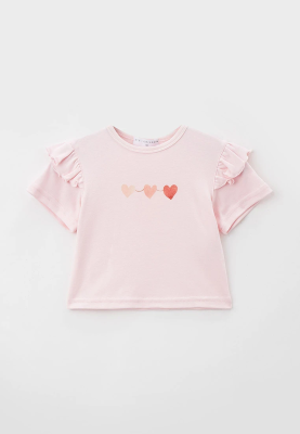 Футболка розовая с оборками на рукавах и принтом сердечки