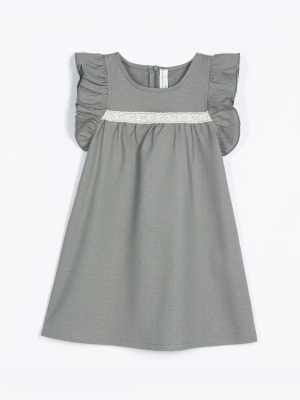 Платье из серого льна с рукавами-крылышками