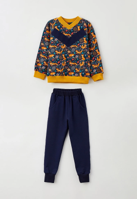 Костюм спортивный из свитшота с принтом лисички и темно-синих брюк