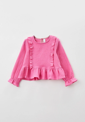 Блузка из муслина в цвете фуксия с баской и оборками на полочке