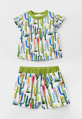 Костюм с футболкой и шортами из трикотажного хлопка с принтом кактусы