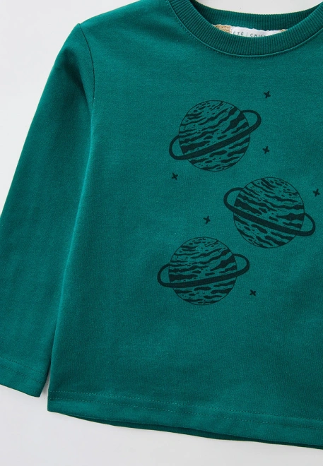 Лонгслив из плотного хлопка темно-зеленого цвета с рисунком планеты