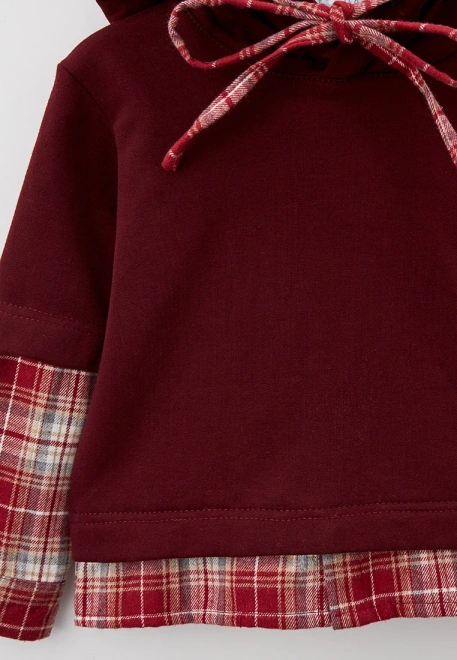 Худи из футера бордовый комбинированный с клеткой 