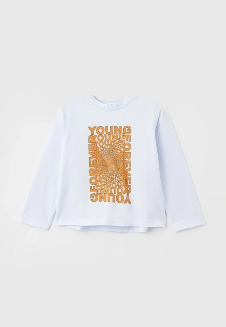 Лонгслив белый с объемным рисунком из слов FOREVER YOUNG  Лонгслив белый с объемным рисунком из слов FOREVER YOUNG
