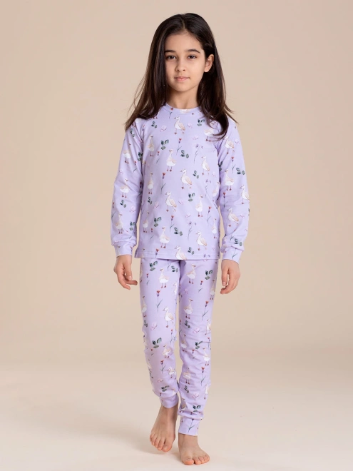 Пижама трикотажная бледно-сиреневого цвета с брюками и принтом гуси