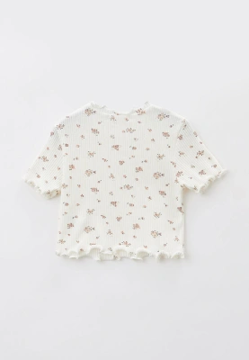 Футболка укороченная из хлопка в рубчик с мелким цветочным принтом