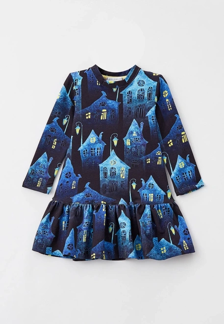 Платье из плотного трикотажа с принтом домики в ночном городе