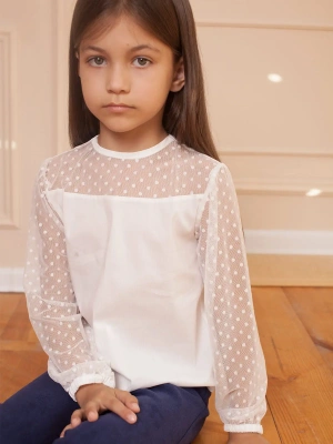 Блузка из рубашечной ткани с рукавами из сетки в горошек