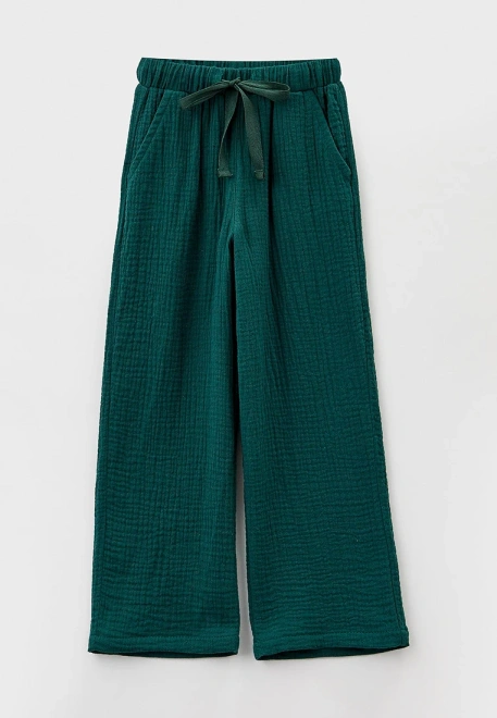 Брюки свободные на мальчика из муслина темно-зеленые 