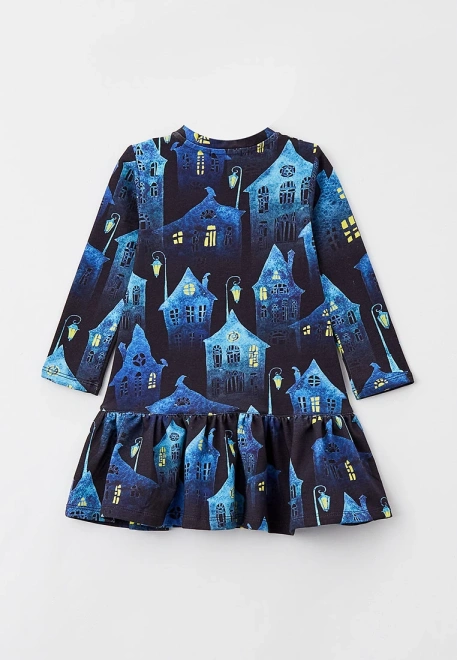 Платье из плотного трикотажа с принтом домики в ночном городе