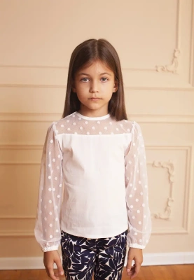 Блузка белая с рукавами из трикотажной сетки в горошек