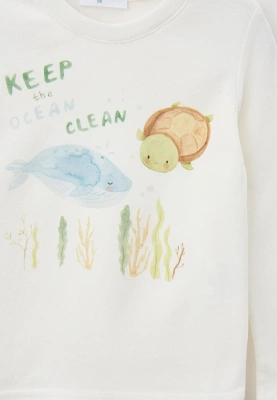 Лонгслив из молочного хлопка с принтом черепашка и надписью keep the ocean clean