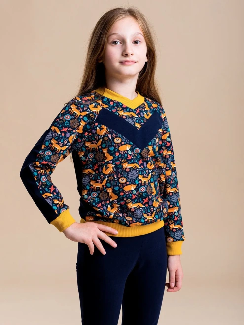 Костюм спортивный из свитшота с принтом лисички и темно-синих брюк