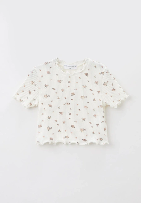 Футболка укороченная из хлопка в рубчик с мелким цветочным принтом