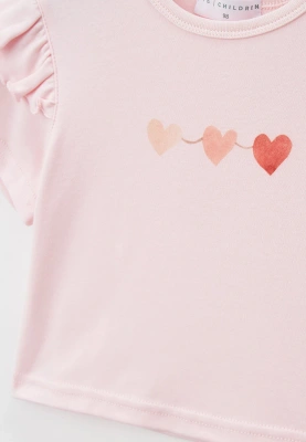 Футболка розовая с оборками на рукавах и принтом сердечки