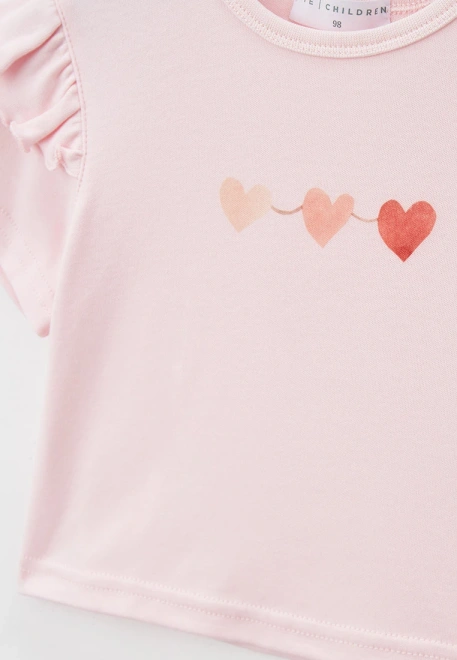 Футболка розовая с оборками на рукавах и принтом сердечки