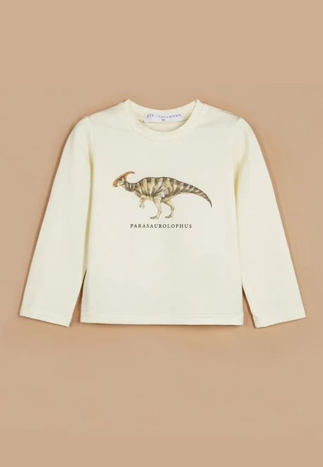 Лонгслив трикотажной ткани молочного цвета с принтом динозавр