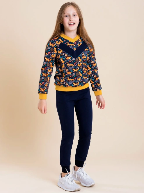 Костюм спортивный из свитшота с принтом лисички и темно-синих брюк