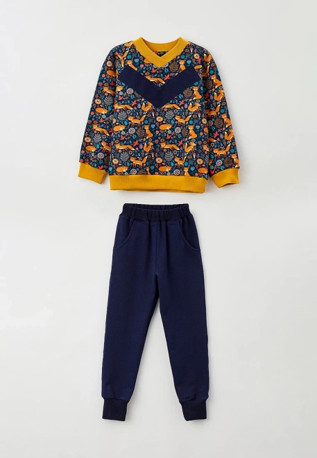 Костюм спортивный из свитшота с принтом лисички и темно-синих брюк