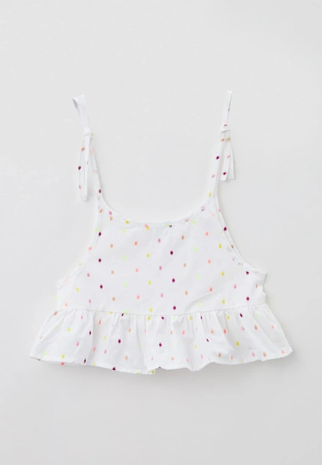 Топ укороченный на завязках из белого хлопка в цветной горошек