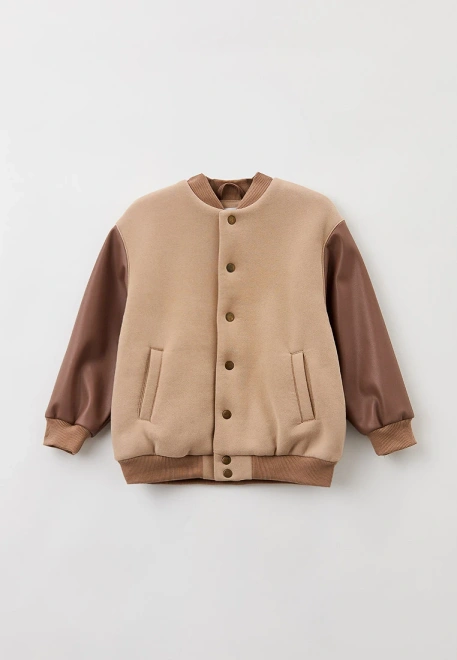 Бомбер на кнопках из футера с кожаными рукавами с цвете мокко