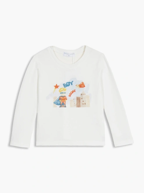 Лонгслив из хлопкового трикотажа в молочном цвете и принтом супермен Лонгслив из хлопкового трикотажа в молочном цвете и принтом супермен