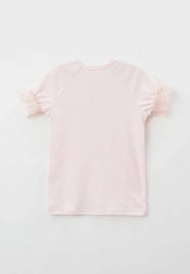 Футболка школьная из мягкого трикотажа с кружевом на горловине и рукавах 