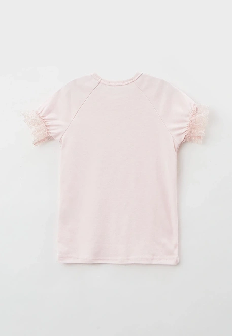 Футболка школьная из мягкого трикотажа с кружевом на горловине и рукавах 