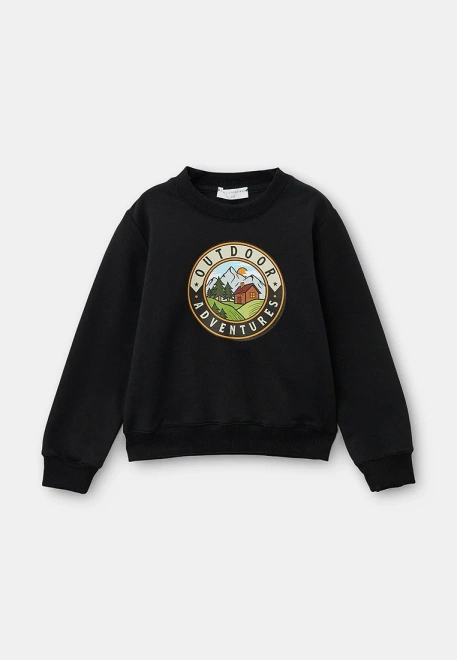 Свитшот черный из футера с рисунком в стиле кэмпинг 