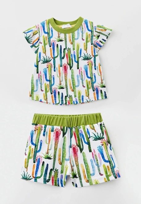Костюм с футболкой и шортами из трикотажного хлопка с принтом кактусы