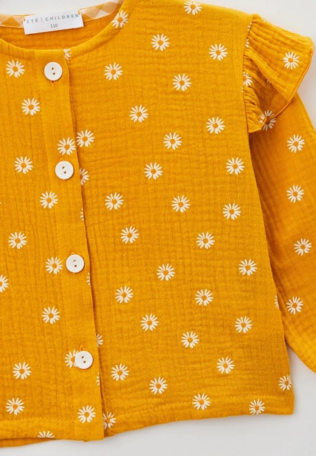 Блузка летняя с длинными рукавами из муслина горчичного цвета с ромашками