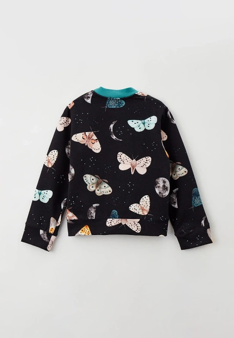 Свитшот черный с принтом бабочки и контрастным воротником зеленого цвета
