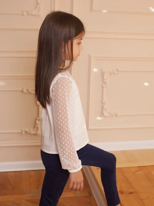 Блузка из рубашечной ткани с рукавами из сетки в горошек