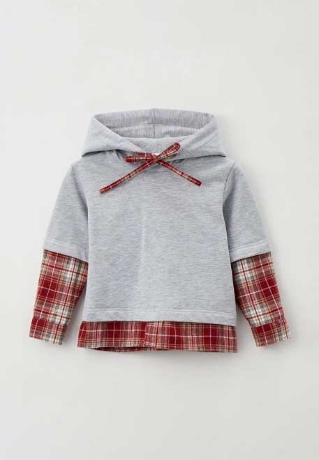 Худи  из футера в цвете серый меланж комбинированный с клеткой