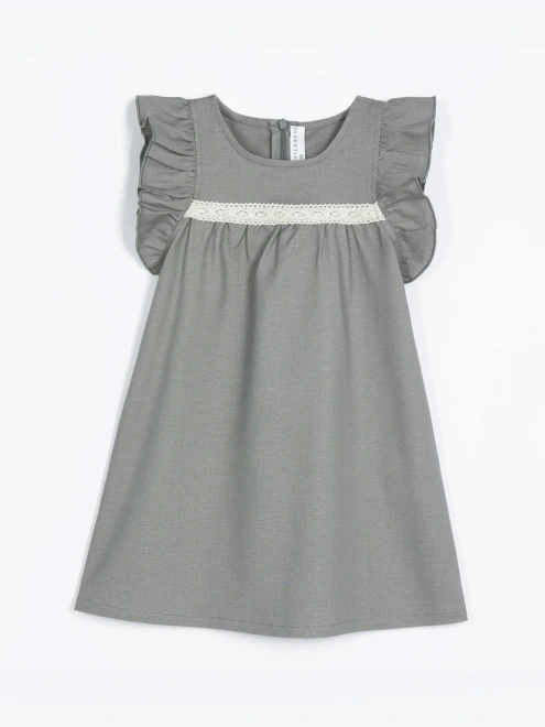 Платье из серого льна с рукавами-крылышками