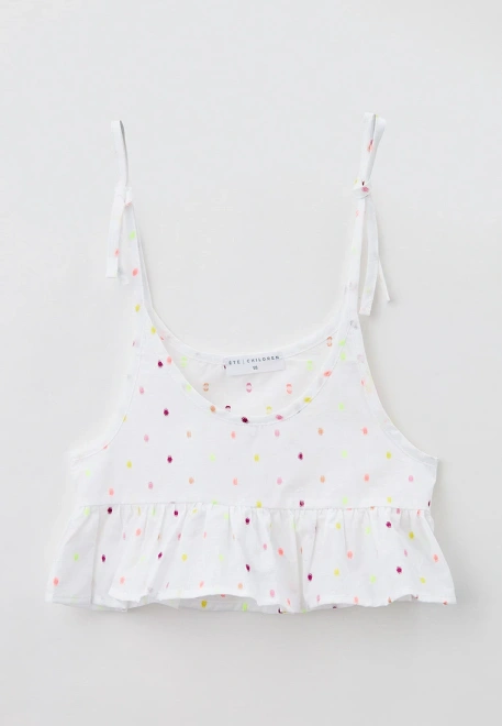 Топ укороченный на завязках из белого хлопка в цветной горошек