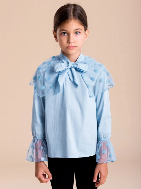 Блузка из рубашечной ткани со съемным воротником из сетки в горох