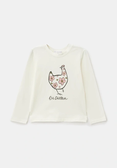 Лонгслив молочный с принтом курочка