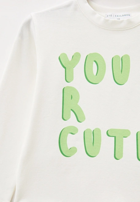 Лонгслив молочный с надписью YOU R CUTE  в салатовом цвете