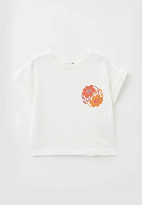 Футболка прямого кроя из трикотажа молочного цвета в принтом цветы