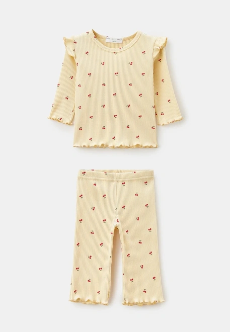 Комплект из лонгслива и брюк из ткани в рубчик с принтом вишенки