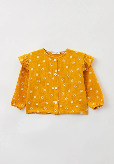 Блузка летняя с длинными рукавами из муслина горчичного цвета с ромашками