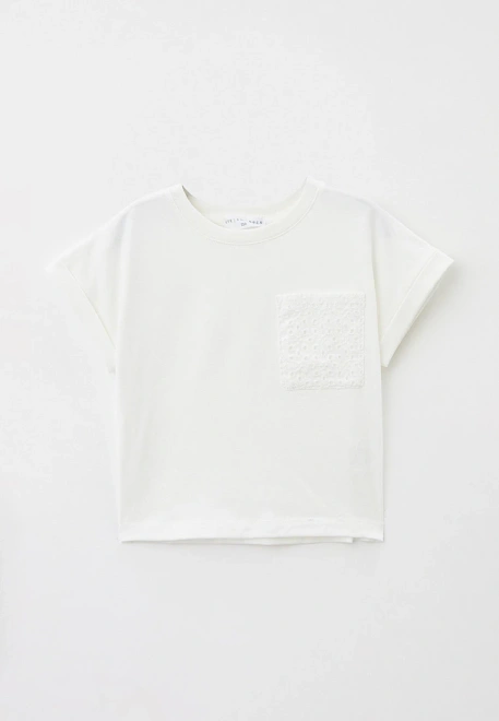 Футболка прямого кроя молочного цвета с карманом из прошвы